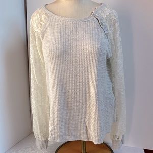 Gray waffle knit top with lace sleeves
